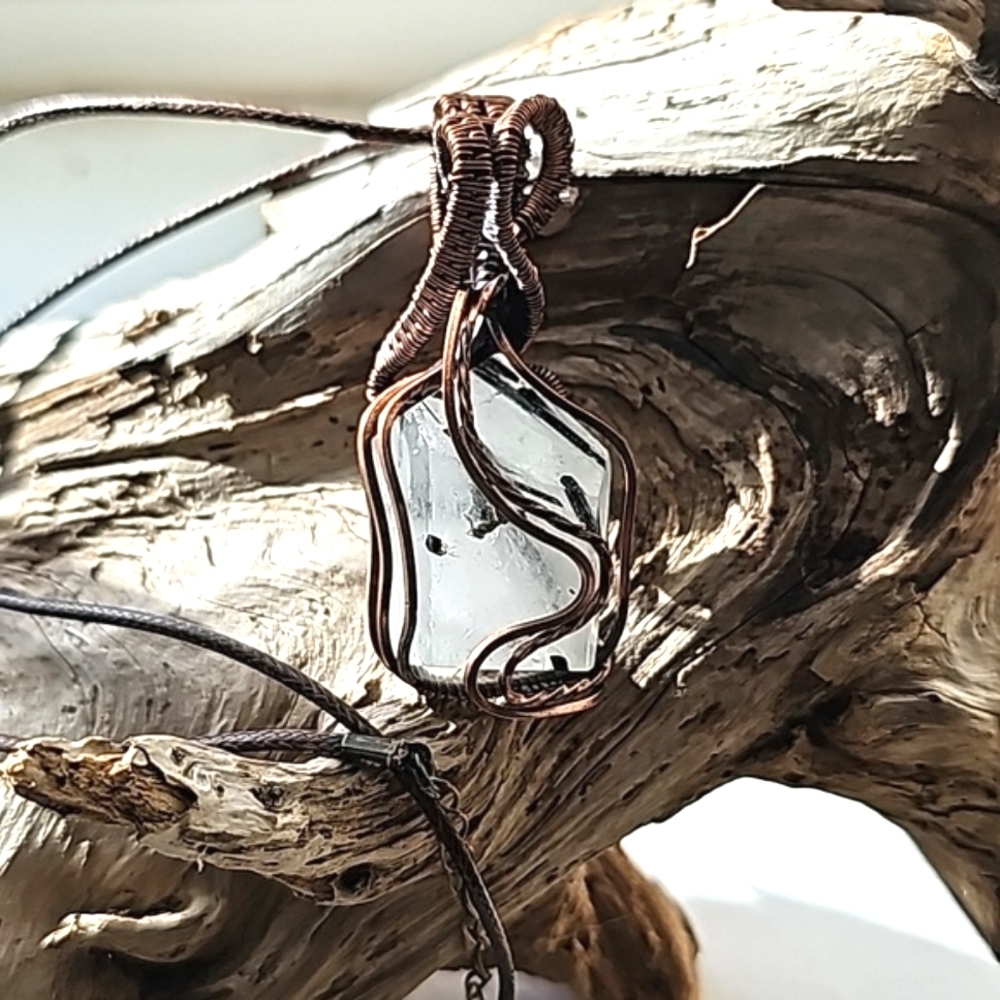 Gemstone Pendant, Quartz w/ Tourmaline Inclusions, Wire-wrapped in Copper